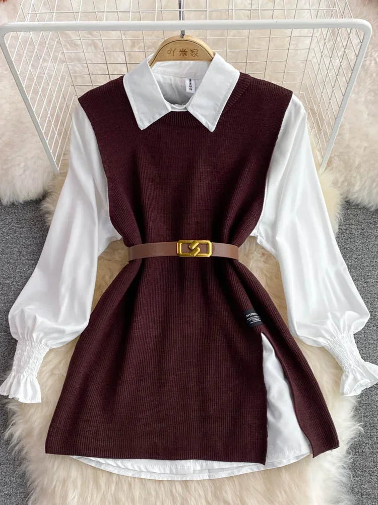 Women's Chic Age-Reducing 2-Piece Set Long Sleeve White Shirt Sweater Loose Fit Knit Vest Pullover Spring Autumn Fashion