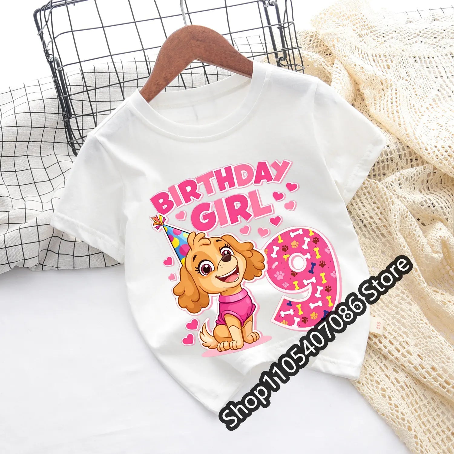 Paw Patrol Skye T-shirt Children Birthday Number Tee Top Girls Pink Clothes Cartoon Anime Short Sleeve Kids Loose Clothing Gift
