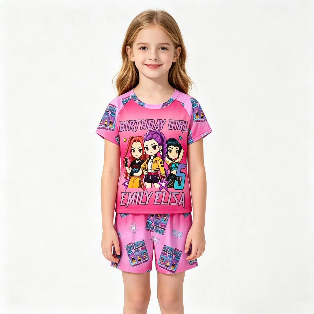 Cute Kpop Print Kids Homewear Set 2Pcs Short Sleeve Nightwear Sleepwear Pajamas for Children 3-14Y Pijamas Girls Birthday Gift