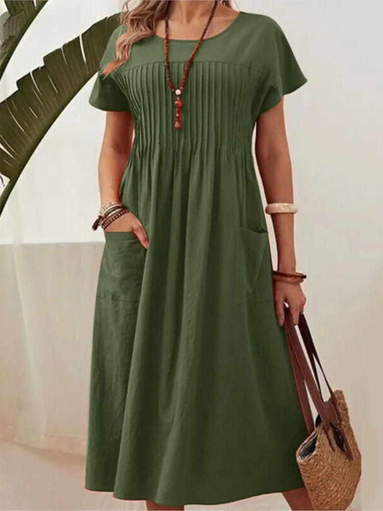 Women's Summer Dress New Pleated Front Loose A‑Line Dress Casual Daily Outdoor Vacation Ladies Long Dresses For Women Robe Femme