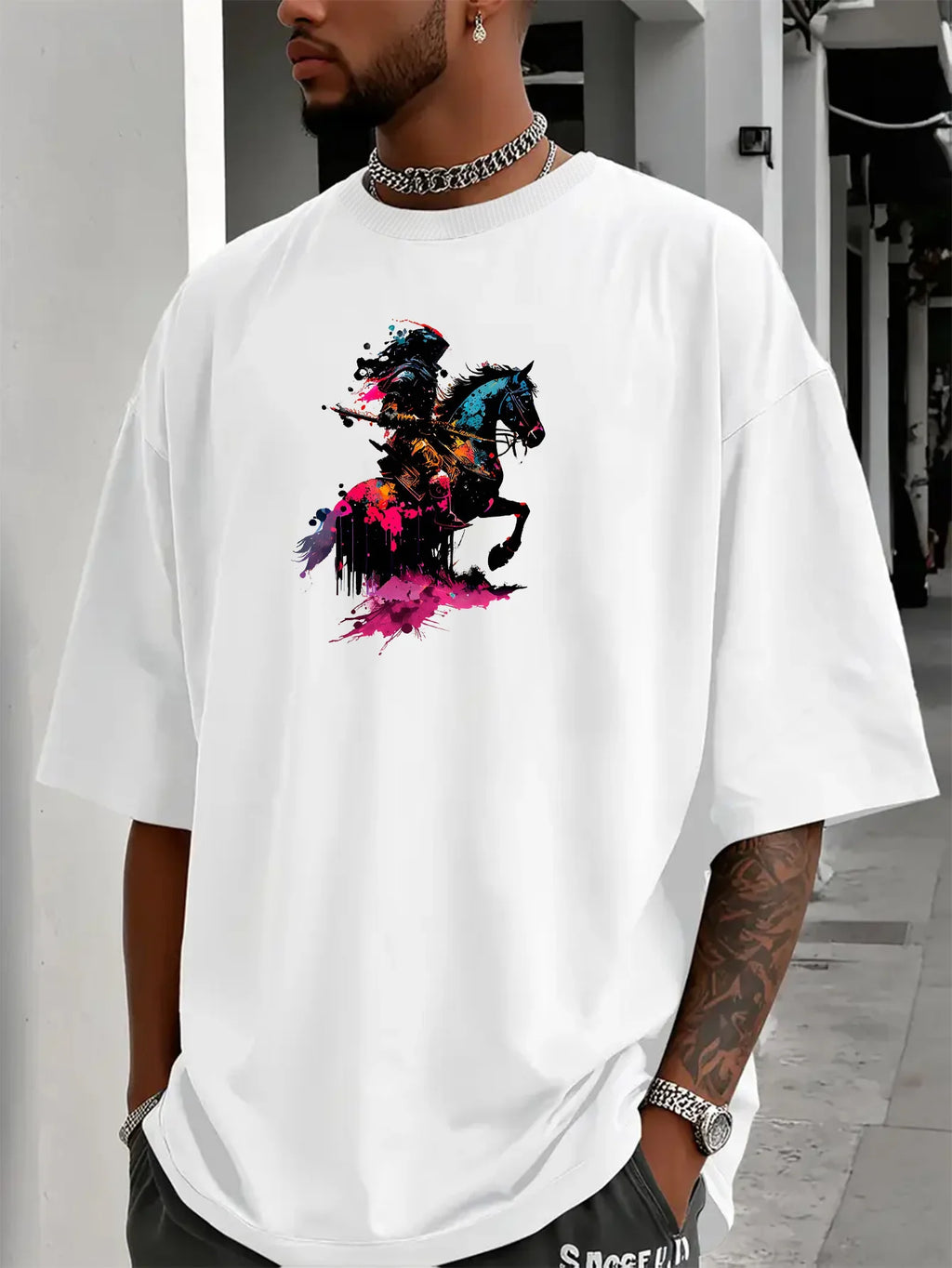 Mens Summer Casual Short-sleeved T-shirt with Knight and Axe Pattern Round Neck Design Loose Fit Comfortable Fabric Trendy Style