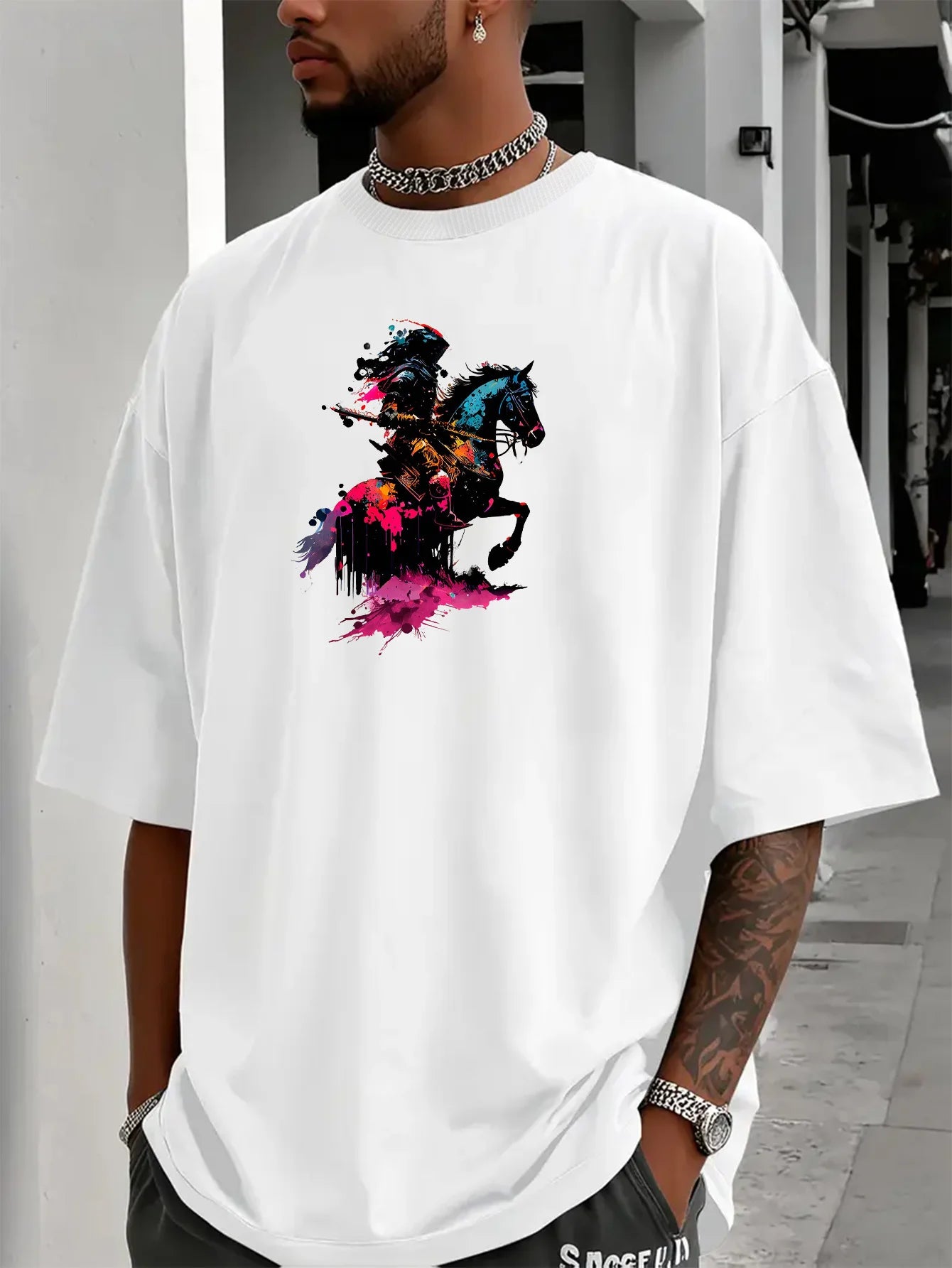 Mens Summer Casual Short-sleeved T-shirt with Knight and Axe Pattern Round Neck Design Loose Fit Comfortable Fabric Trendy Style