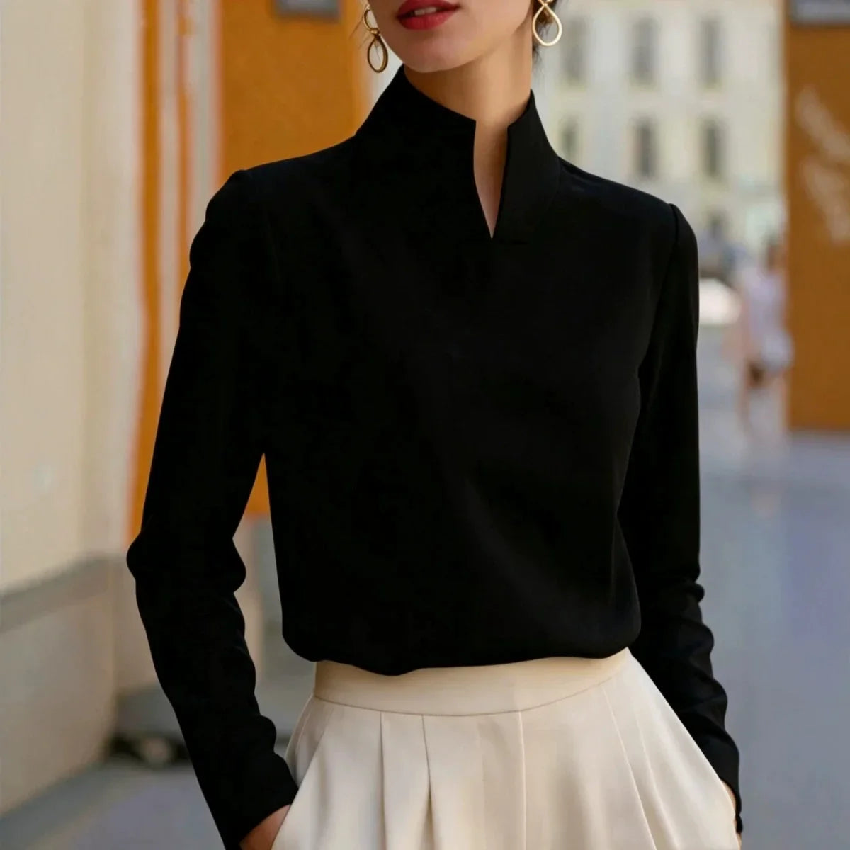 Women Stand Collar Split Neck Satin Long Sleeve Blouse Loose Elegant Soft Office Work Daily Casual Shirt Tops Autumn New 2026