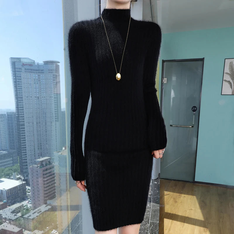 WinvyNee Women Midi Dress Mink Velvet Fitted High Neck Long Sleeve Brushed Fabric Cozy Street Look Casual Knit Garment ZE1248024