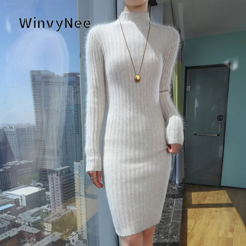 WinvyNee Women Midi Dress Mink Velvet Fitted High Neck Long Sleeve Brushed Fabric Cozy Street Look Casual Knit Garment ZE1248024