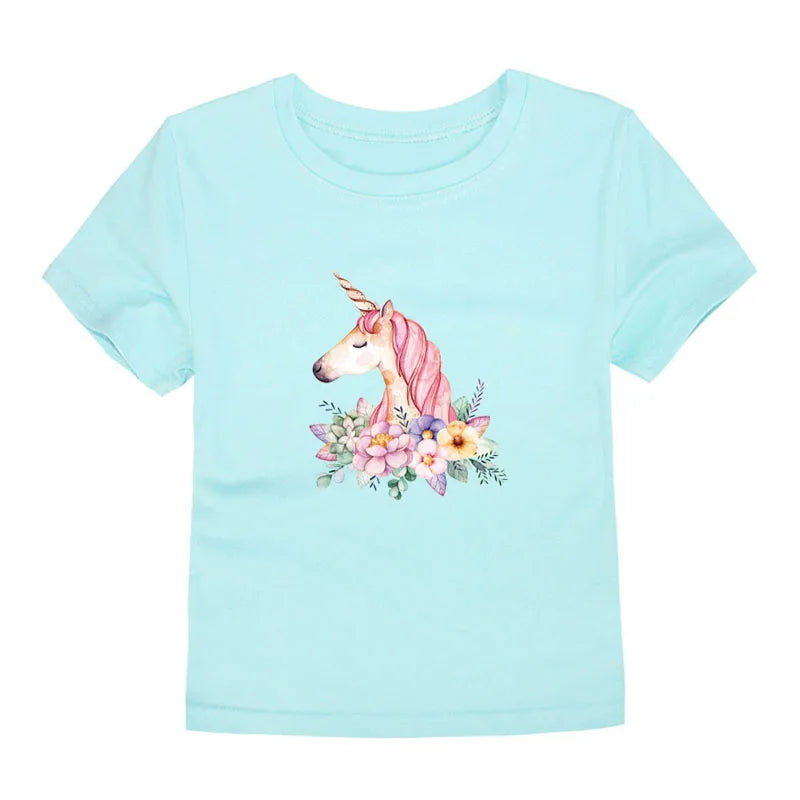 Child Kids Tshirts for Girls Clothes 2024 New Summer Pink Red Blue Luxury Toddler Girl T Shirt Kawaii Unicorn Flower Korean Tees