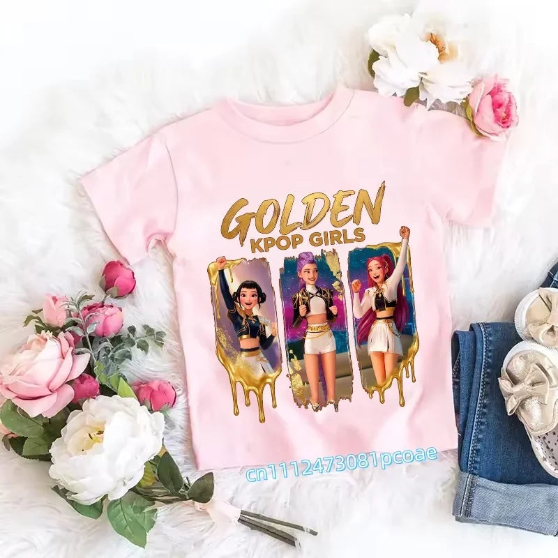 2026 Children's K-pop Demon Hunters T-shirt, a clothing item featuring anime cartoon patterns, a girls' casual top, gift options