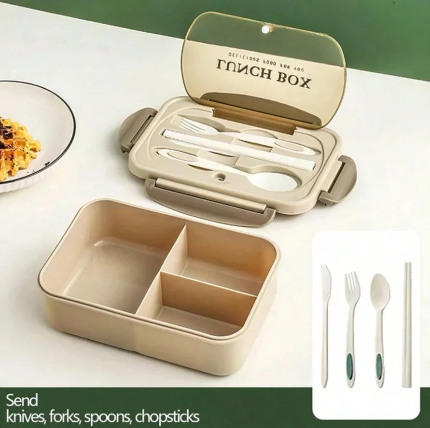 Adult set bento box, 3 compartments, cannot be placed in microwave or dishwasher (with knife, fork, spoon, and chopsticks)