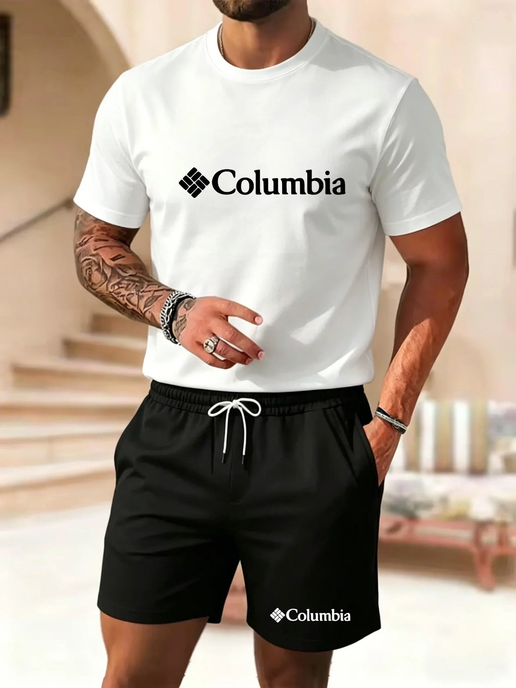 2026 Summer New Men's Fashion Outdoor Sports Set Printed Short Sleeve T-shirt+Shorts Loose Home Leisure Two Piece Set