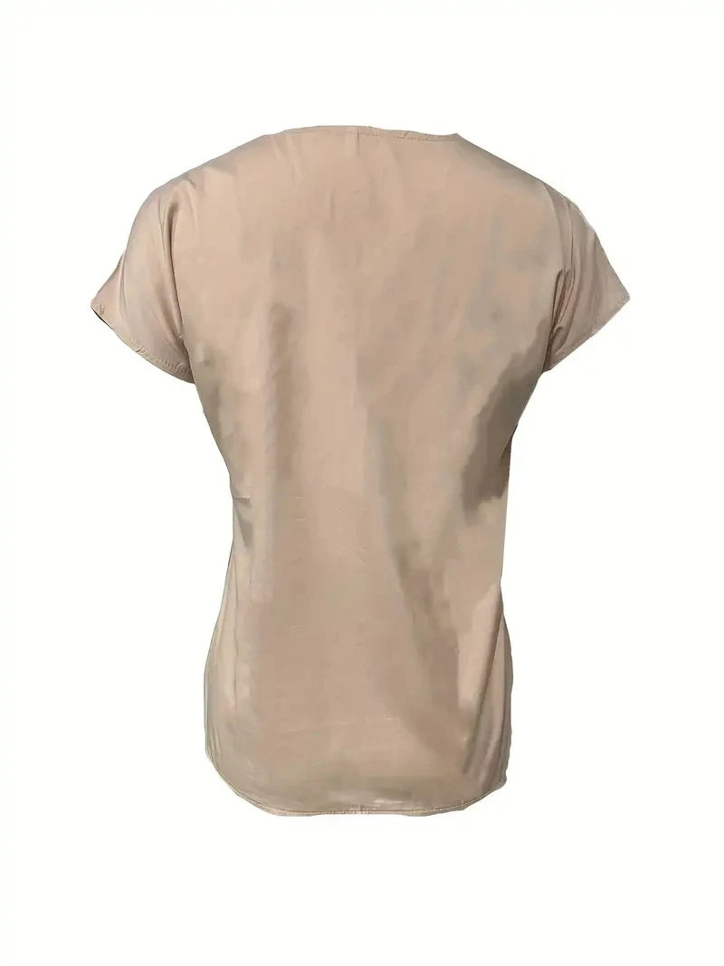 Elegant Solid V Neck Blouse, Short Sleeve Blouse For Spring & Summer, Women's Clothing