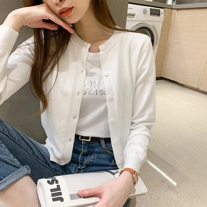 AOSSVIAO Women Knitted Cardigan Sweater 2026 Spring O-Neck Casual Cardigans Woman Solid Color Slim Korean Versatile Tops