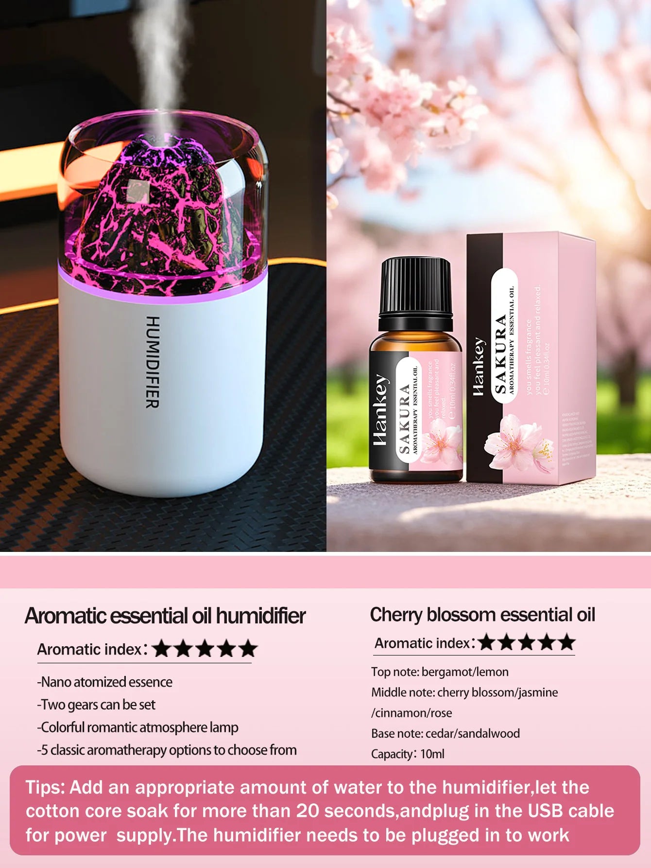 The simulated volcanic color lamp humidifier USB aromatherapy diffuser is suitable for use in cars, homes, bedrooms, as a gift,