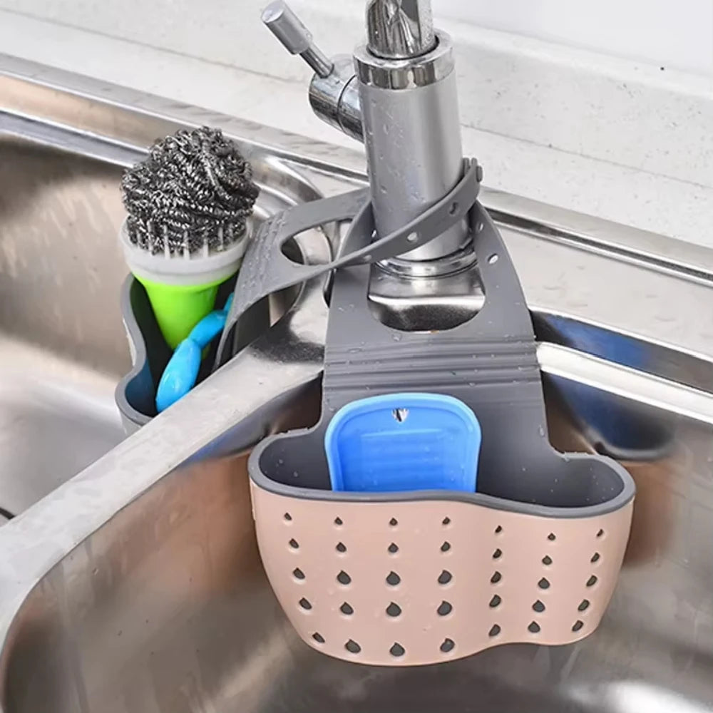 1pc Sink Faucet Drain Basket Hanging Bag Without Punching Adjustable Kitchen Dishwashing Sponge Storage Rack