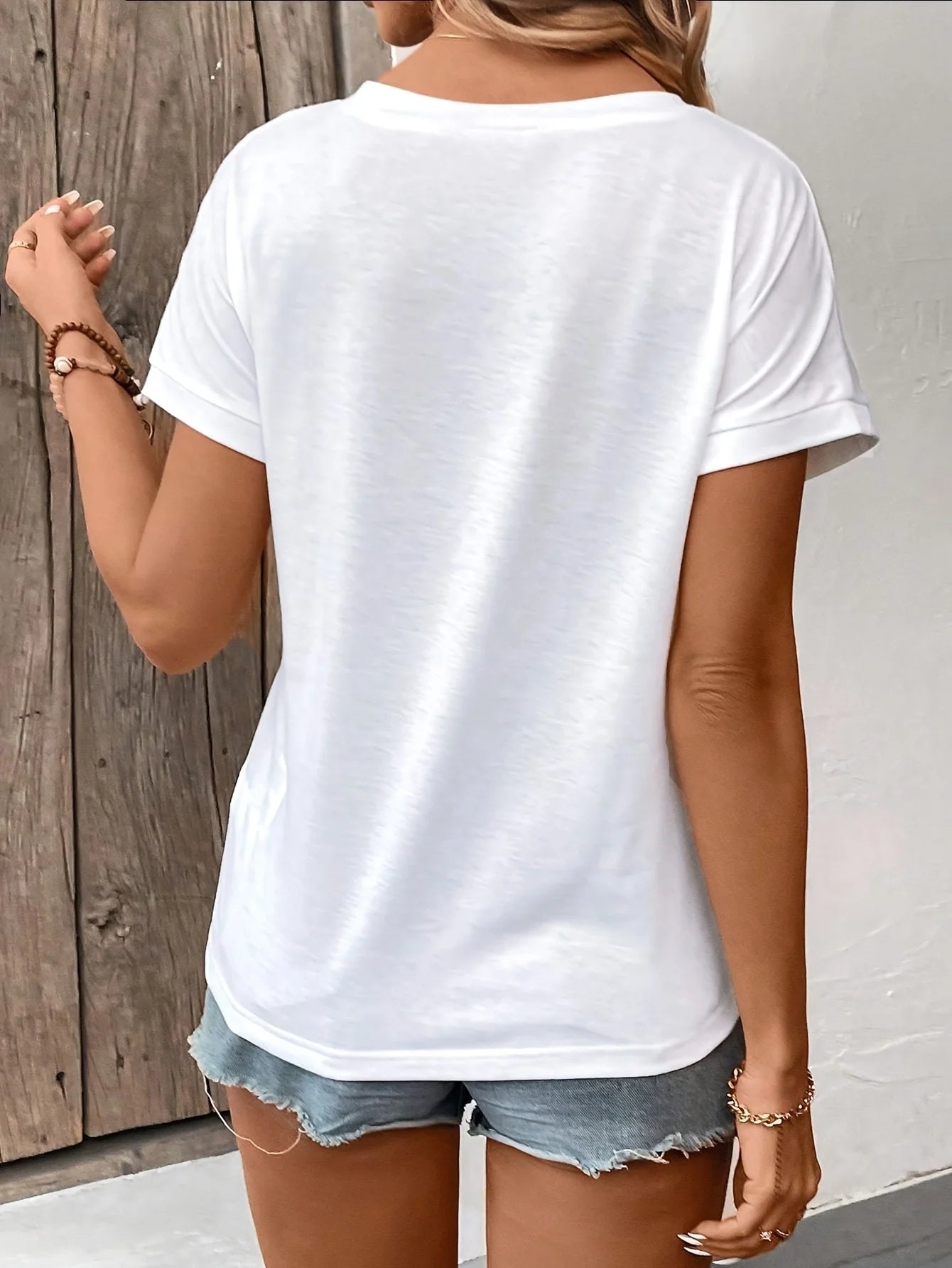 Spring and Summer Women's Casual Short-Sleeved V-Neck T-Shirt, Solid Color Style