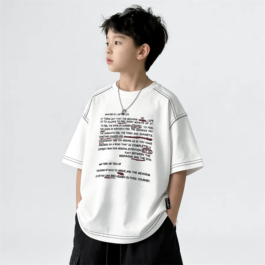 2026 Kids New Summer Short Sleeve Cotton T-shirt for Teens Boy Casual Tshirt with Letter Print Children Fashion Tee Tops 5-14 Y
