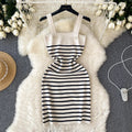Women Striped Knit Sling Dress Blue White Wide Strap Metal Button Slim Fit Bodycon Mini Casual Summer Vacation Lady All Season