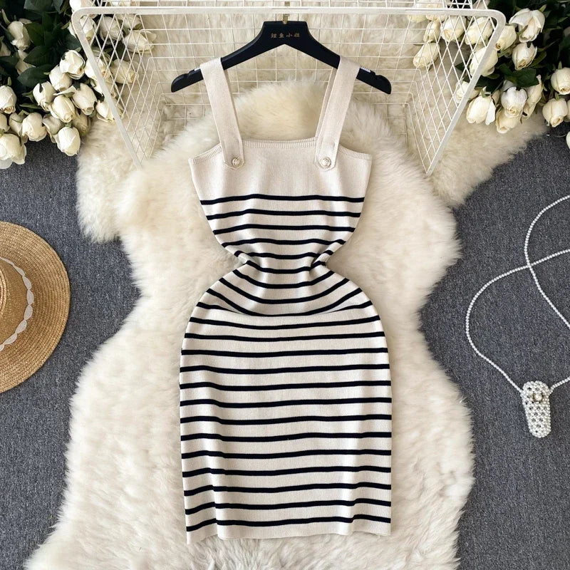 Women Striped Knit Sling Dress Blue White Wide Strap Metal Button Slim Fit Bodycon Mini Casual Summer Vacation Lady All Season