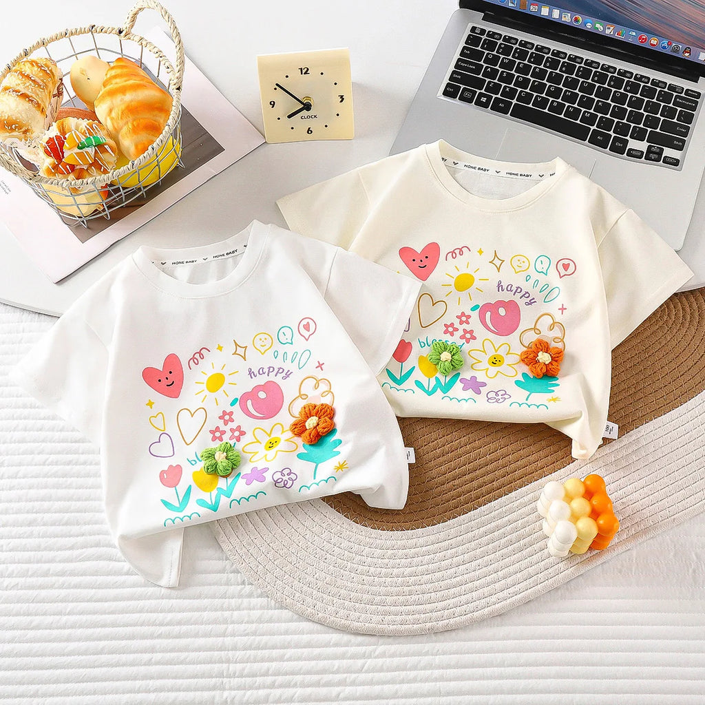 18M-9T summer children kids girls fashion cartoon cotton short sleeve stretch T shirt