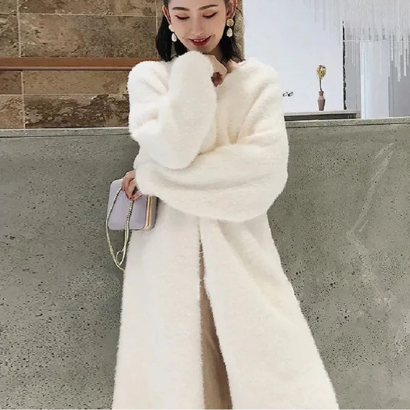 white Long Cardigan for women 2026 new winter clothes Knitted fluffy long sleeve Cashmere sweater coat korean style warm vintage