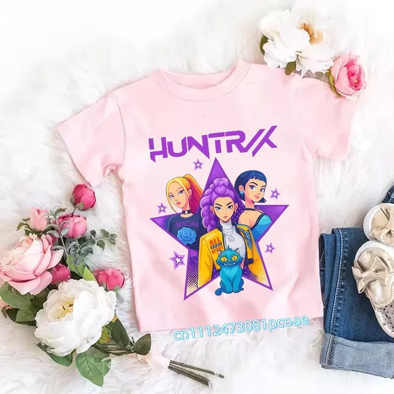 2026 Children's K-pop Demon Hunters T-shirt, a clothing item featuring anime cartoon patterns, a girls' casual top, gift options