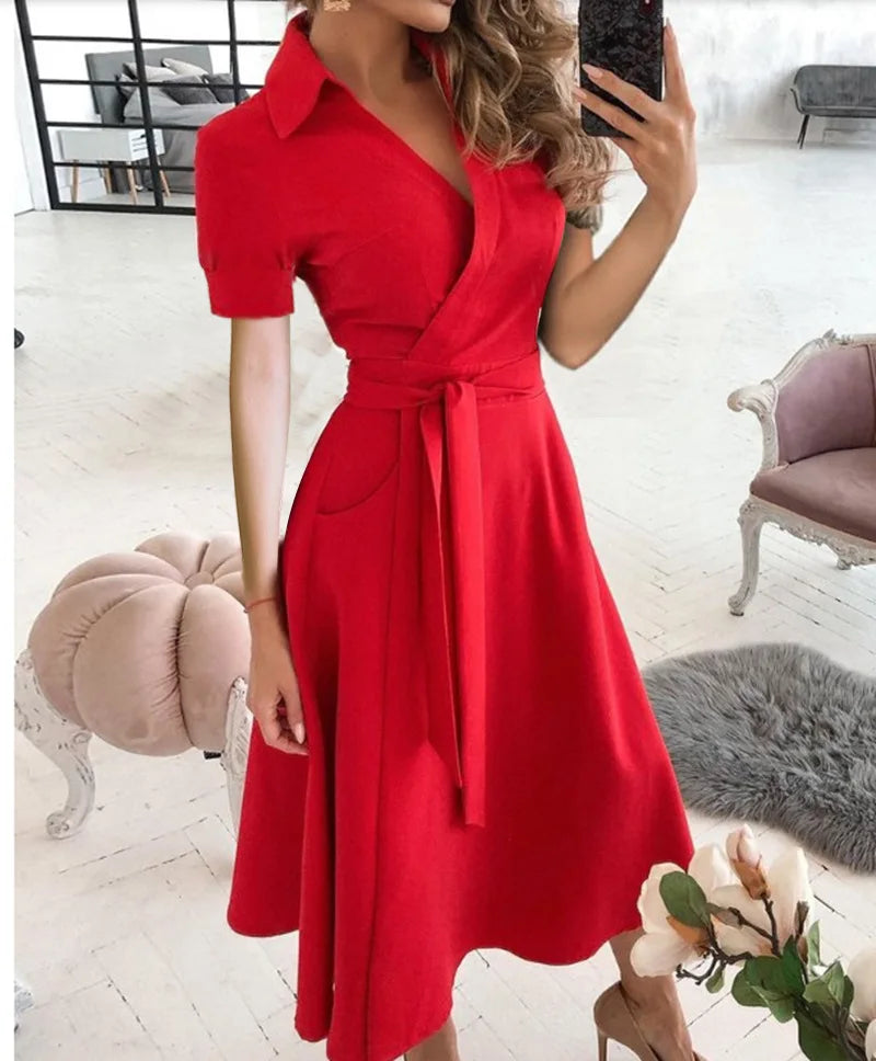 Women's Short Sleeve Wrap Dress V Neck Midi Dress With Self Tie Belt And Side Pockets For Casual Party Evening Wear