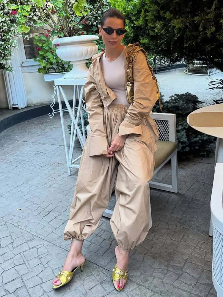Casual Drop Waist Lantern Pant 3 Pieces Suit Women Stripe Long Sleeves Lapel Loose Shirt Sets 2026 Lady Daily Street Wears New