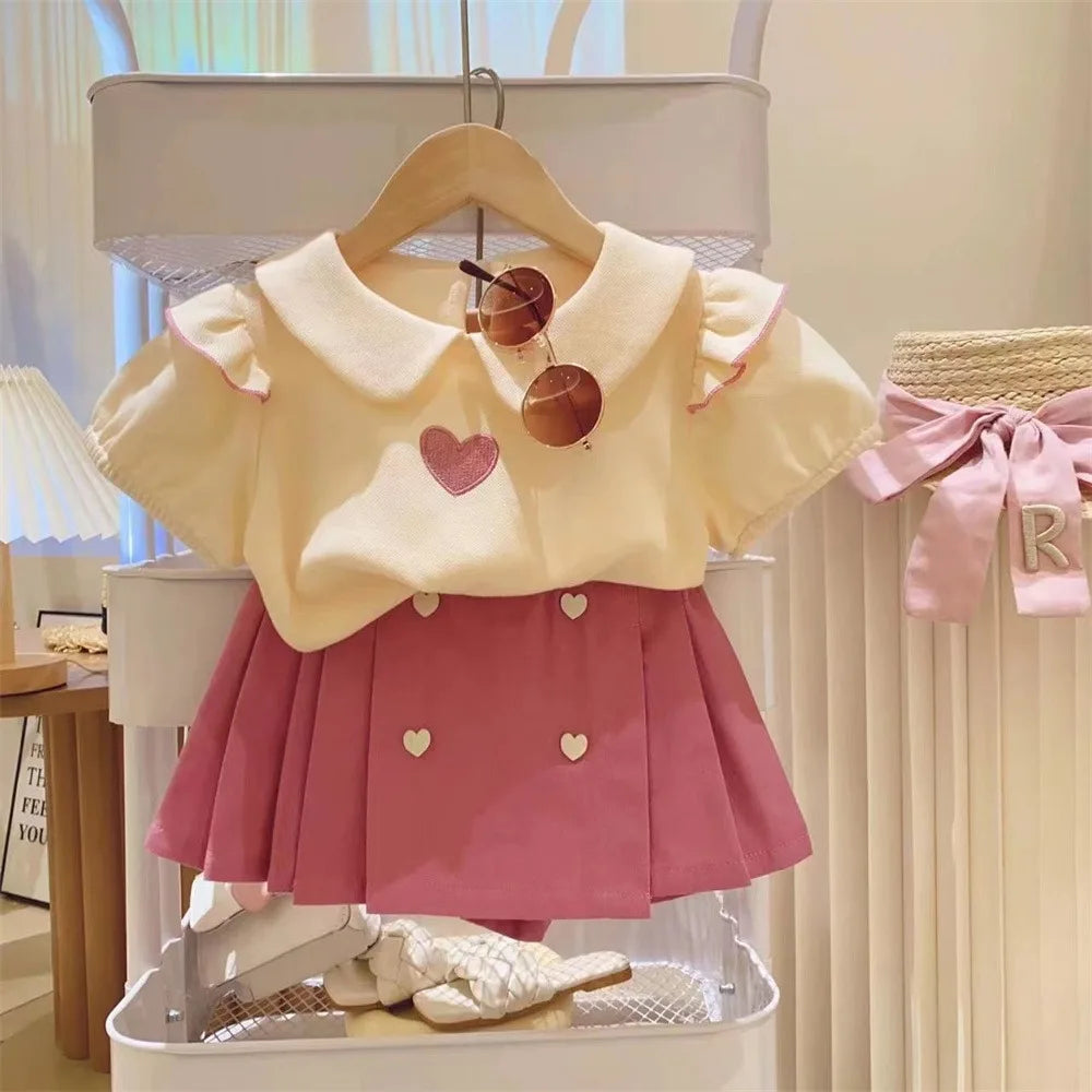2026 Summer Girls Clothing Set Embroidered Heart Pattern T-shirt+ Short Pants 2Pcs Suit For 2-8Years Kids Fashion Outfit