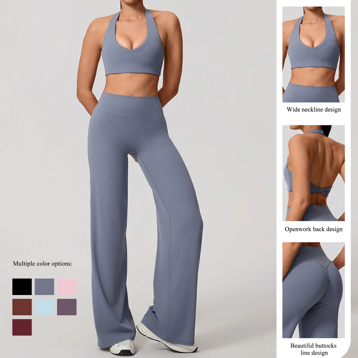 Summer 2Pcs Women's Quick-Dry Sports Set U-Neck Sports Bra Sleeveless Yoga Top Two-Piece Fitness Workout Set with Bell-Bottom