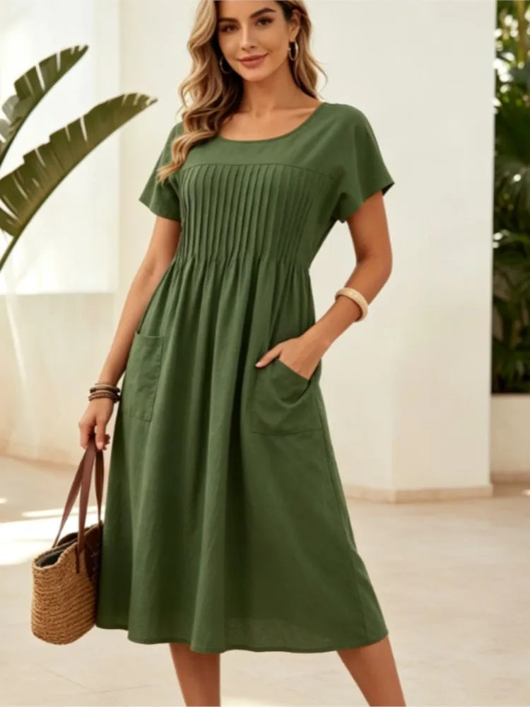 Women's Summer Dress New Pleated Front Loose A‑Line Dress Casual Daily Outdoor Vacation Ladies Long Dresses For Women Robe Femme