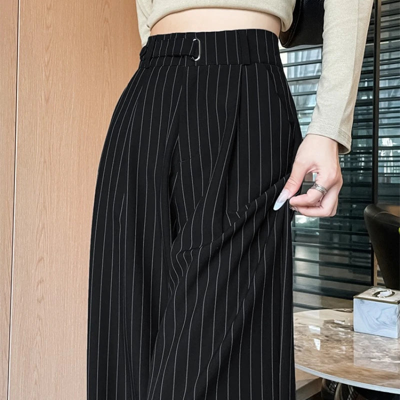 2025 New Autumn Vintage Striped Loose Women's Wide Leg Pant Button Spring High Waist Female Straight Office Full Length Trousers