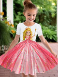Girl's Princess Cartoon Print Dress Summer Casual Round Neck Short Sleeve Dress Outdoor Wear Elegant Party Dresses Girl Clothes