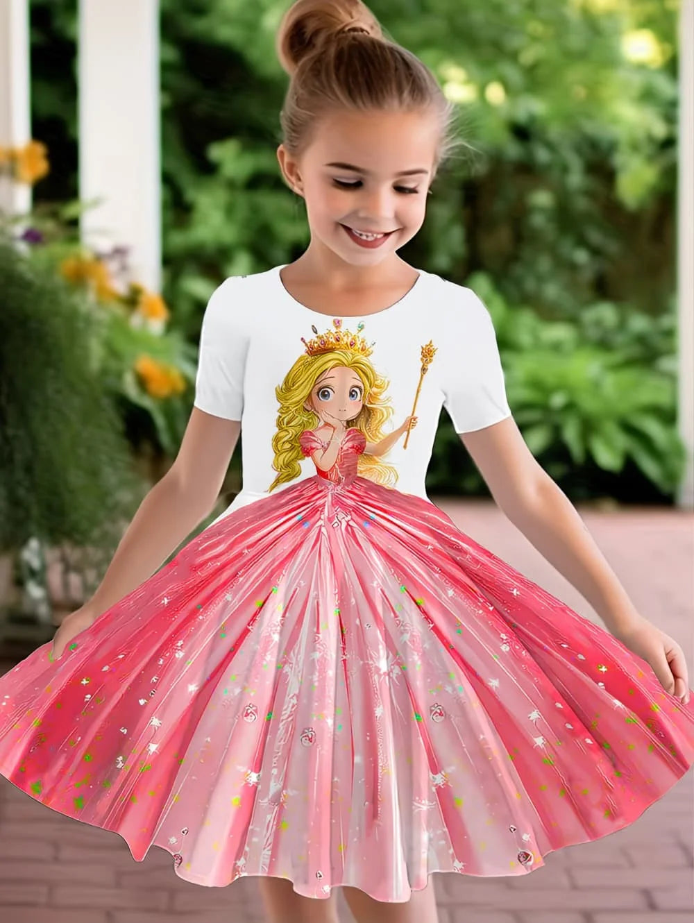 Girl's Princess Cartoon Print Dress Summer Casual Round Neck Short Sleeve Dress Outdoor Wear Elegant Party Dresses Girl Clothes