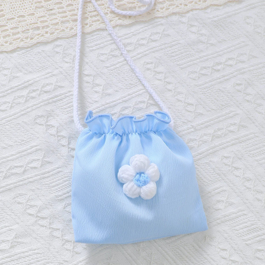 3PCS Fashion Girls 1-6 Years Old Summer Blue Sweet Sleeveless A-line Children's Dress 3D Wool Flower+Small Pocket Casual Dress