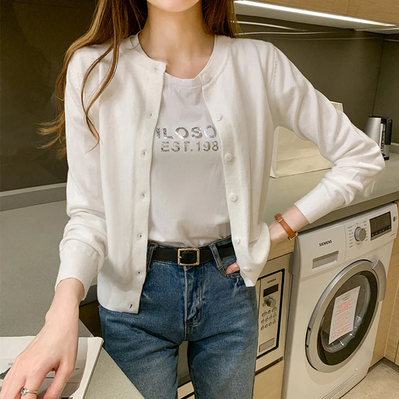 AOSSVIAO Women Knitted Cardigan Sweater 2026 Spring O-Neck Casual Cardigans Woman Solid Color Slim Korean Versatile Tops