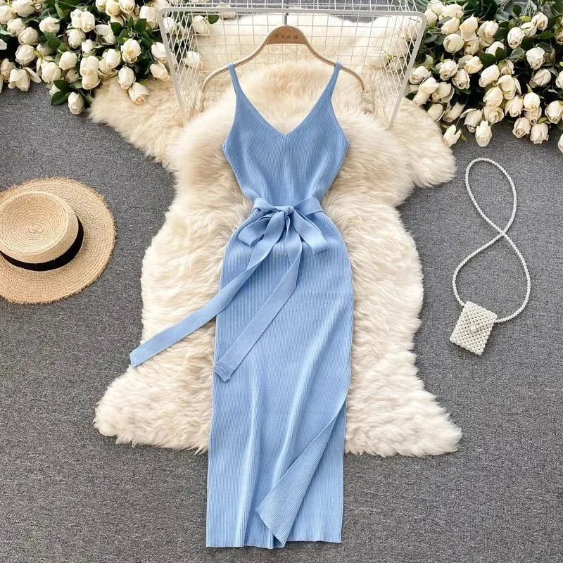 YuooMuoo Women Dress Sexy Cut Out Waist Package Hips Split Bodycon Dress Summer Fashion Lady Knitted Party Vestidos Sundress