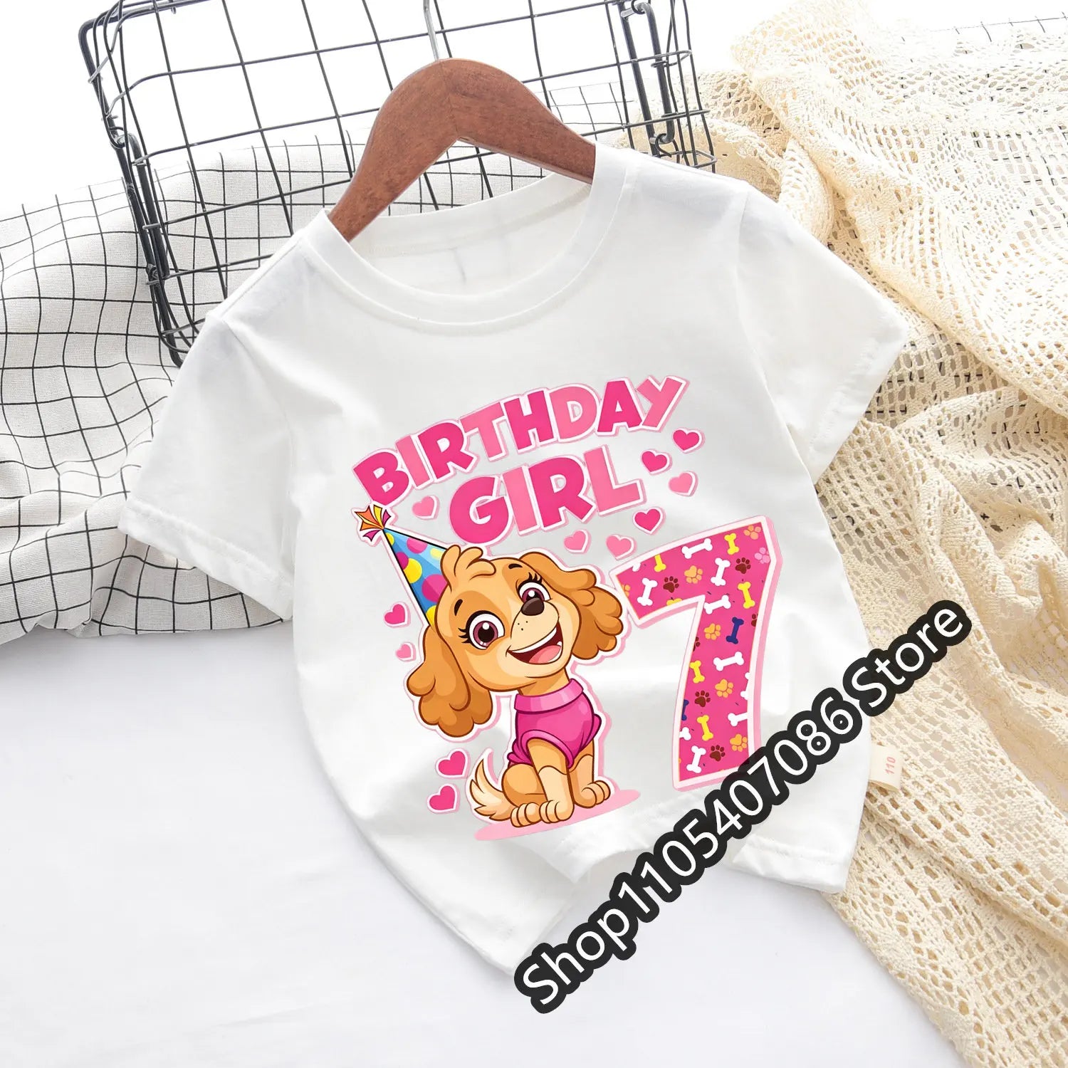 Paw Patrol Skye T-shirt Children Birthday Number Tee Top Girls Pink Clothes Cartoon Anime Short Sleeve Kids Loose Clothing Gift