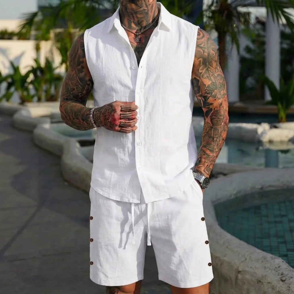 Men's Summer Cotton Linen Short Sleeve Shirt and Shorts Set, Stand Collar Button Down Casual Beach Wear, Two Piece