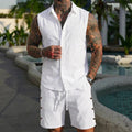 Men's Summer Cotton Linen Short Sleeve Shirt and Shorts Set, Stand Collar Button Down Casual Beach Wear, Two Piece