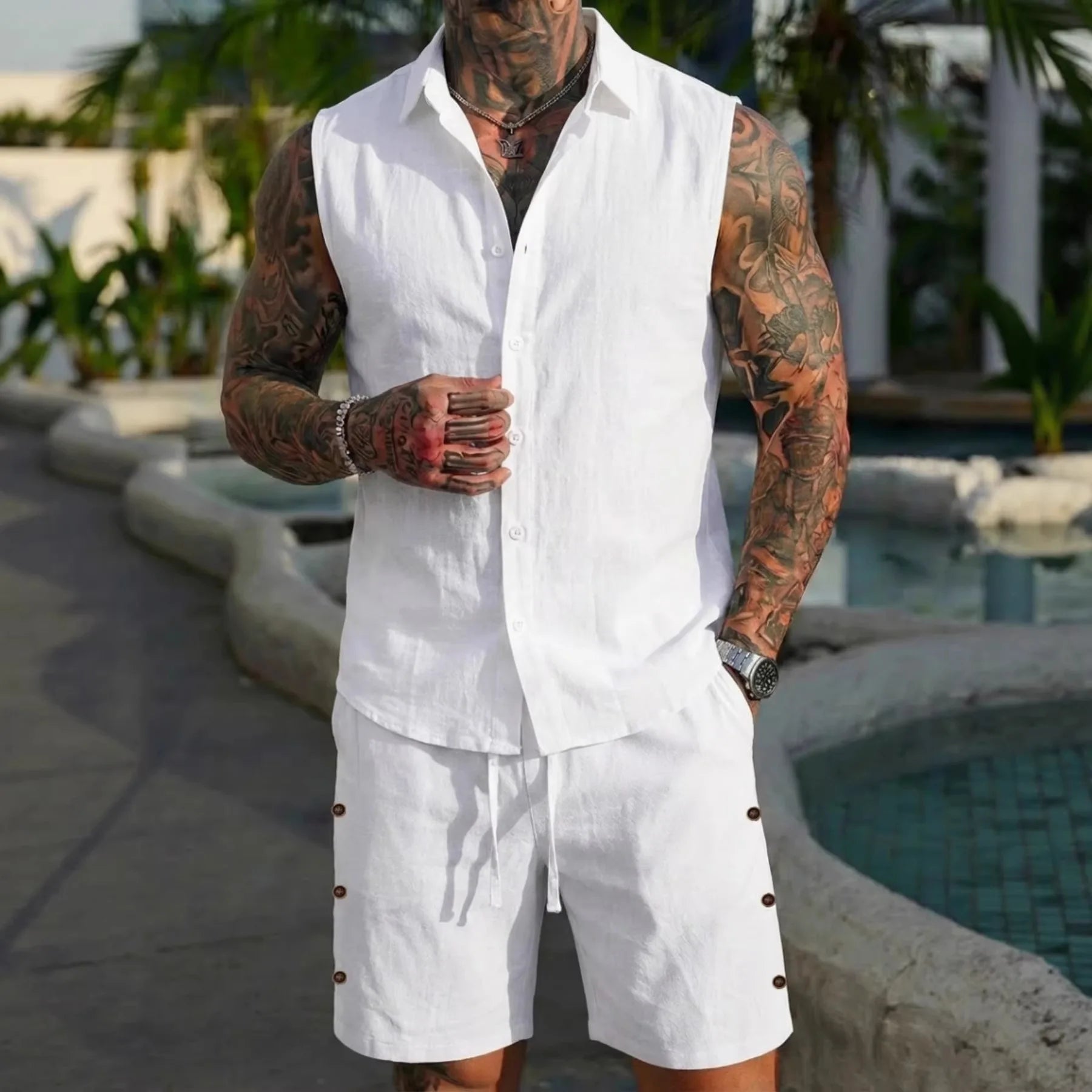 Men's Summer Cotton Linen Short Sleeve Shirt and Shorts Set, Stand Collar Button Down Casual Beach Wear, Two Piece