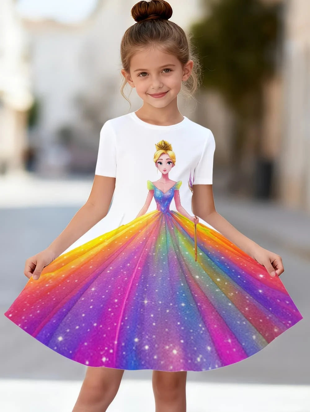 Girl's Princess Cartoon Print Dress Summer Casual Round Neck Short Sleeve Dress Outdoor Wear Elegant Party Dresses Girl Clothes