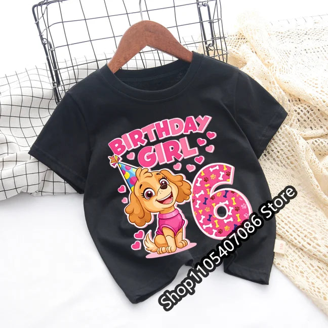 Paw Patrol Skye T-shirt Children Birthday Number Tee Top Girls Pink Clothes Cartoon Anime Short Sleeve Kids Loose Clothing Gift
