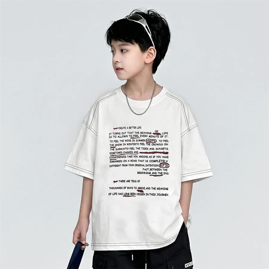 2026 Kids New Summer Short Sleeve Cotton T-shirt for Teens Boy Casual Tshirt with Letter Print Children Fashion Tee Tops 5-14 Y