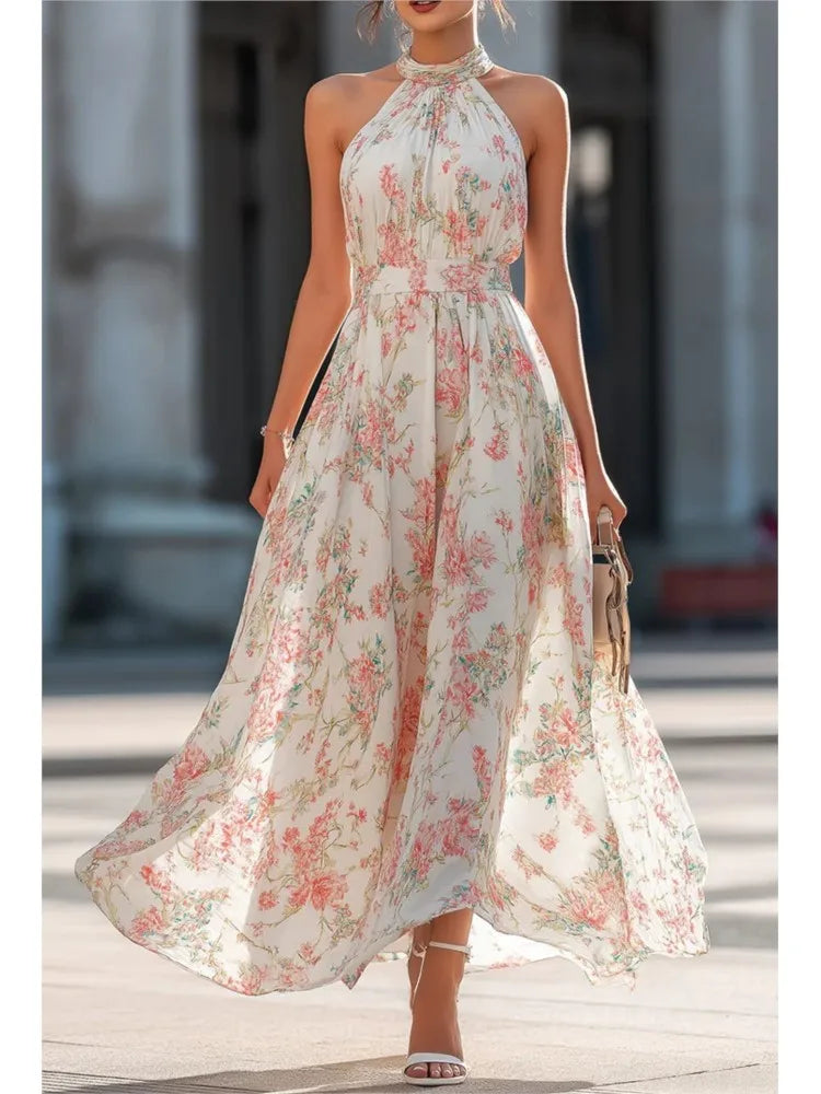Summer New Fashion Floral Sexy Halterneck Women's Dress Elegant Slim Temperament Big Swing Female Holiday Sleeveless Dress 2026