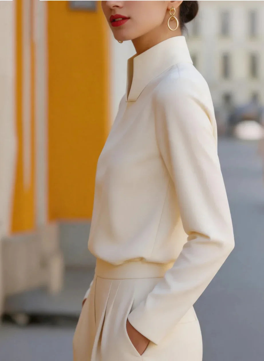 Women Stand Collar Split Neck Satin Long Sleeve Blouse Loose Elegant Soft Office Work Daily Casual Shirt Tops Autumn New 2026
