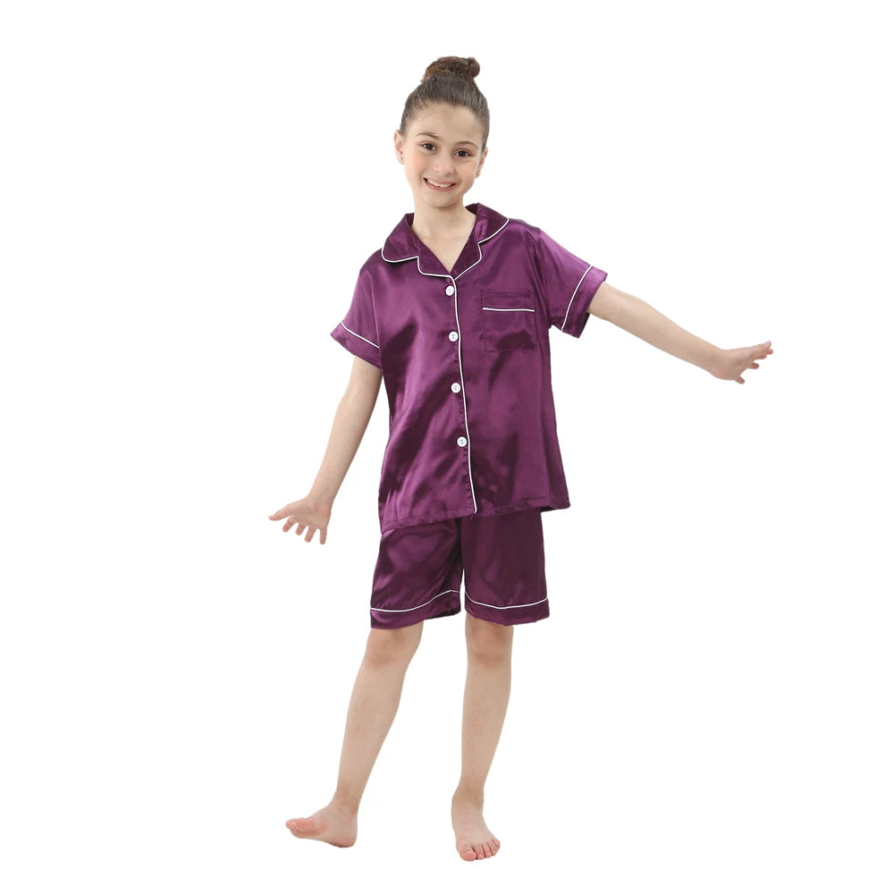2 4 6 8 10 12 14 Years Children's Loungewear Teenage Satin Sleepwear Spring Autumn Boy Girl Pyjamas Kids Long Sleeved Pajama Set