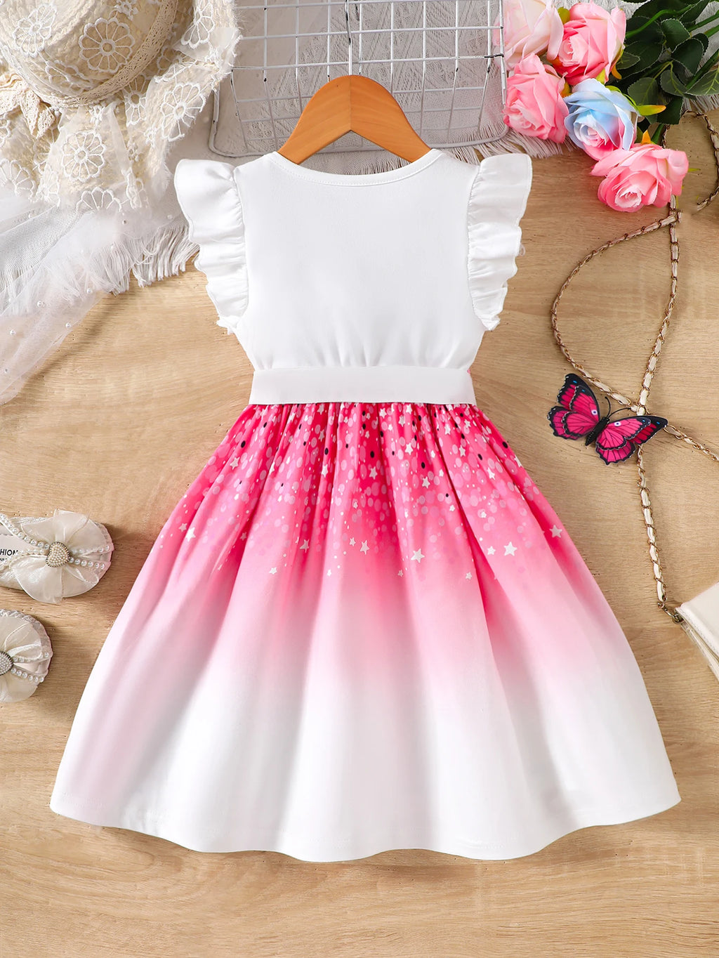 Girls' Spring and Summer Knitted Casual Fashion Round Neck Flutter Sleeve Ruffle Dress with Butterfly Digital Print, Suitable for Holidays, Vacations, Beach, Parties, Gifts