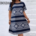 Plus Size Women's Short-Sleeved Round-Neck Loose Dress Fashion Casual Geometric Ethnic Pattern Print Retro Summer Dress 2026 New