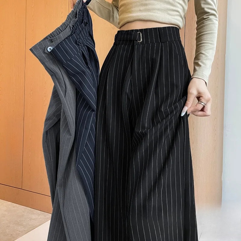 2025 New Autumn Vintage Striped Loose Women's Wide Leg Pant Button Spring High Waist Female Straight Office Full Length Trousers