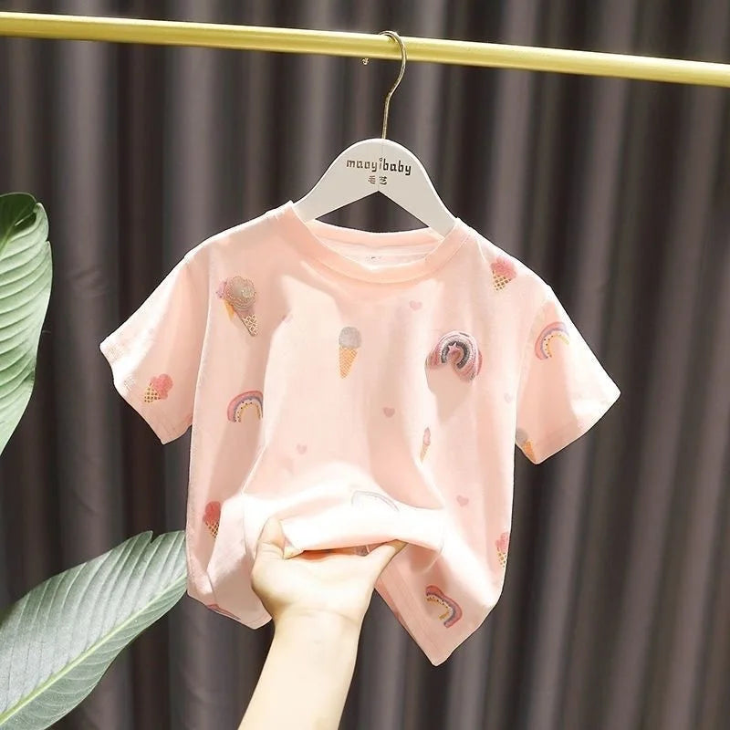 Children Summer Clothes Baby Girl Tops Short Sleeve Round Neck T-Shirt Breathable Cute Design Sweet 3D Flowers Trendy T-shirt