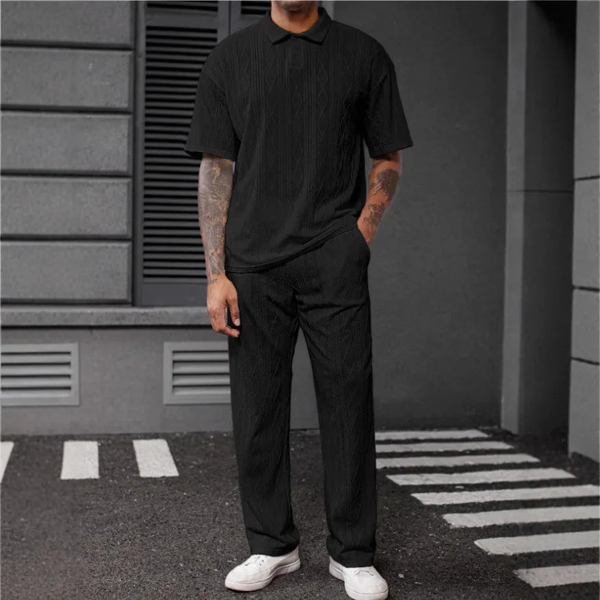 New Fashion Casual Trendy Knitted 2 Piece Sets Solid Color Short Sleeve Turn-down Collar T-shirts Loose Straight Trousers Male